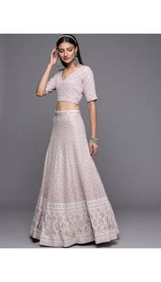 Lavender & White Embroidered Sequinned Georgette Semi-Stitched Lehenga & Unstitched Blouse With Dupatta 3