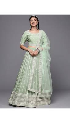 Green Embroidered Organza Semi-Stitched Lehenga & Unstitched Blouse With Dupatta 1