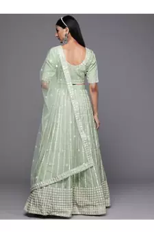 Green Embroidered Organza Semi-Stitched Lehenga & Unstitched Blouse With Dupatta