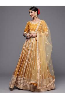 Mustard Embroidered Thread Work Organza Semi-Stitched Lehenga & Unstitched Blouse With Dupatta