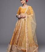 Mustard Embroidered Thread Work Organza Semi-Stitched Lehenga & Unstitched Blouse With Dupatta