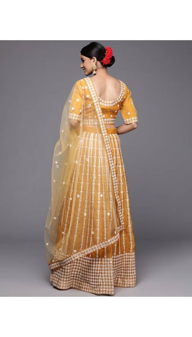 Mustard Embroidered Thread Work Organza Semi-Stitched Lehenga & Unstitched Blouse With Dupatta