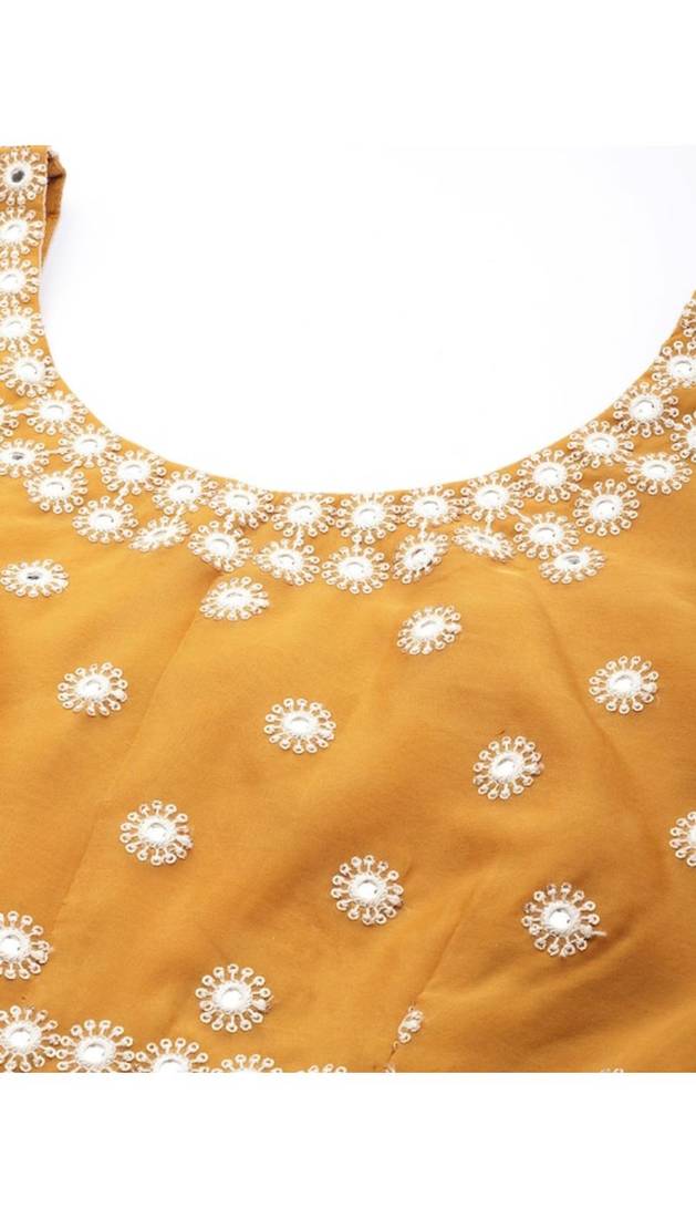 Mustard Embroidered Thread Work Organza Semi-Stitched Lehenga & Unstitched Blouse With Dupatta