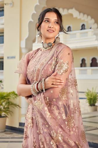 Pastel Pink Embroidered Soft Net Wedding Lehenga Choli