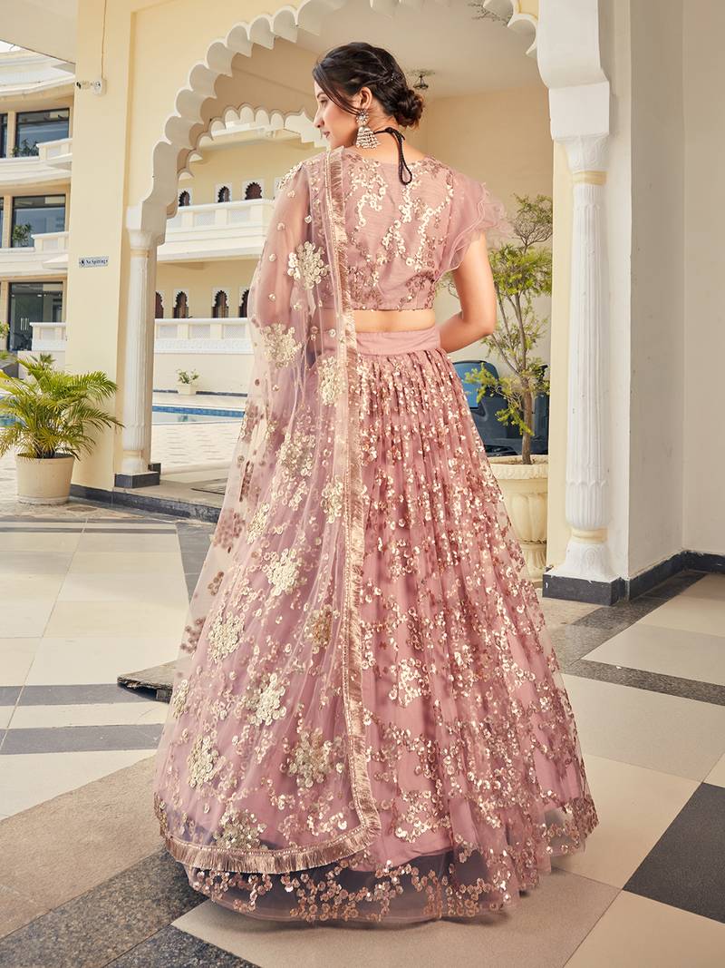 Pastel Pink Embroidered Soft Net Wedding Lehenga Choli