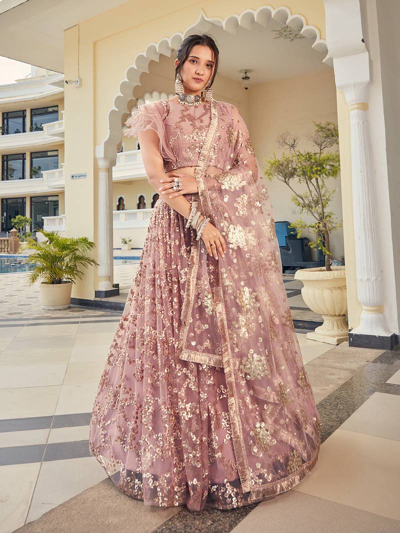 Pastel Pink Embroidered Soft Net Wedding Lehenga Choli