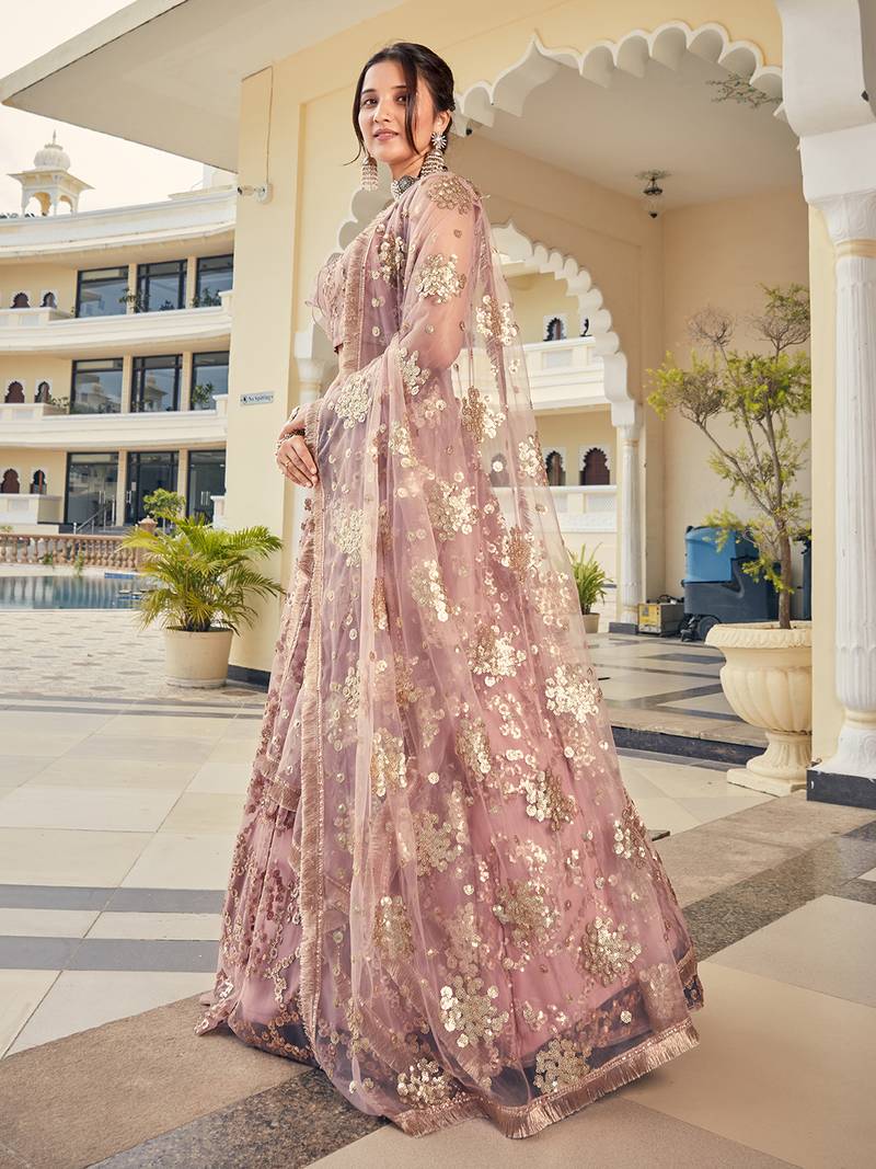 Pastel Pink Embroidered Soft Net Wedding Lehenga Choli