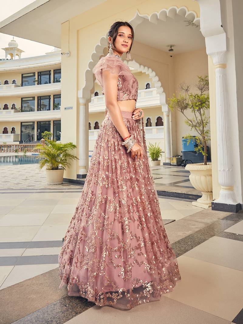 Pastel Pink Embroidered Soft Net Wedding Lehenga Choli