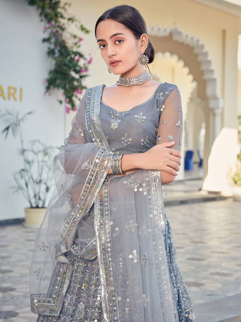 Grey Sequins Embroidered Soft Net Wedding Lehenga Choli