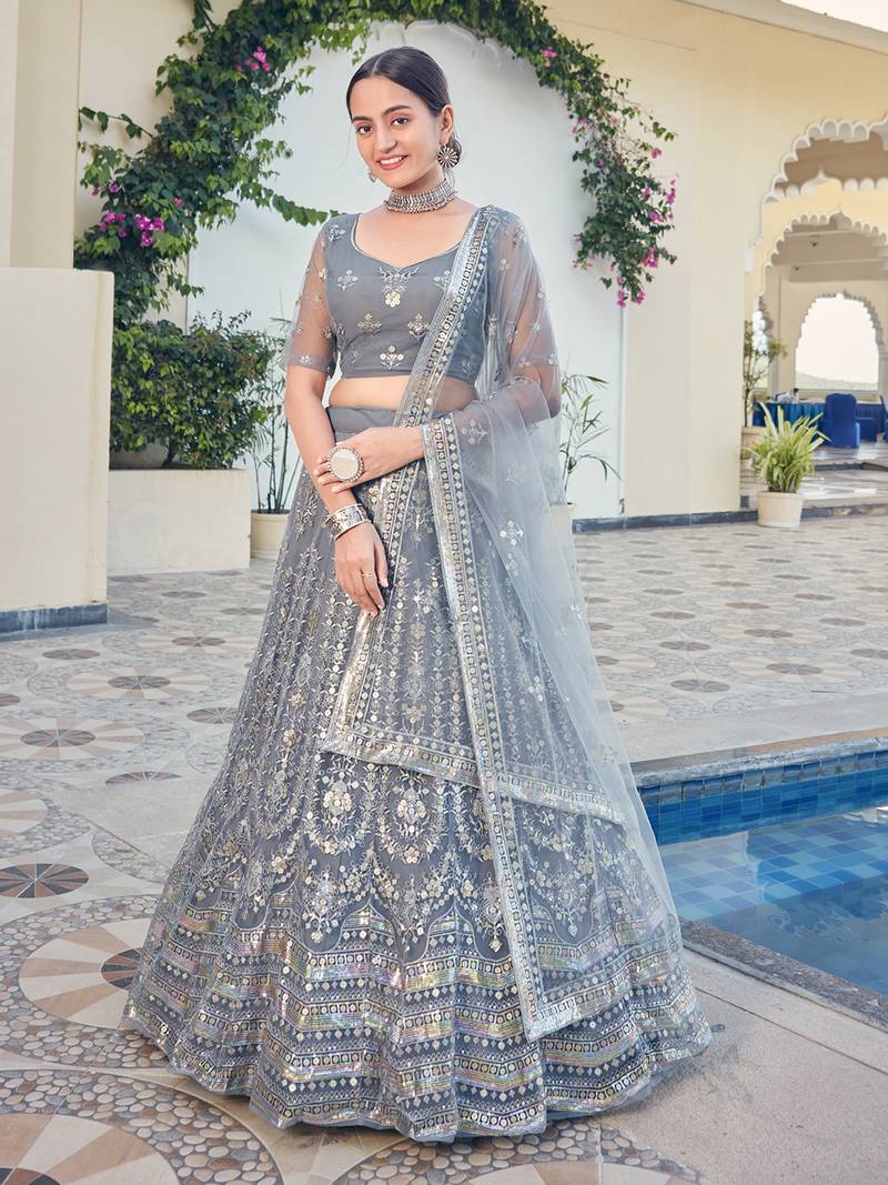 Grey Sequins Embroidered Soft Net Wedding Lehenga Choli