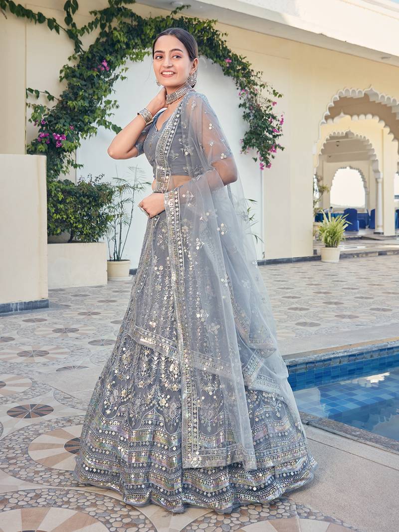 Grey Sequins Embroidered Soft Net Wedding Lehenga Choli