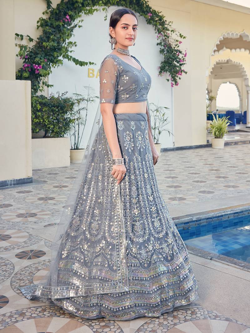 Grey Sequins Embroidered Soft Net Wedding Lehenga Choli