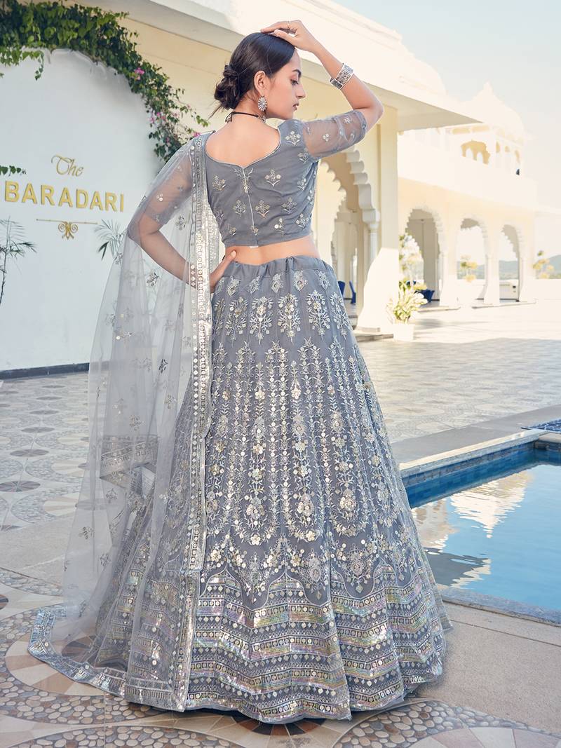Grey Sequins Embroidered Soft Net Wedding Lehenga Choli