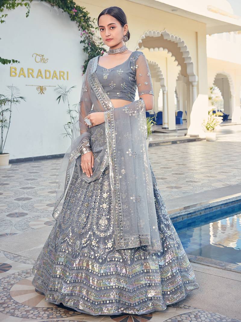 Grey Sequins Embroidered Soft Net Wedding Lehenga Choli