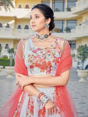 Designer White & Pink Floral Printed Organza Casual Lehenga Choli 2