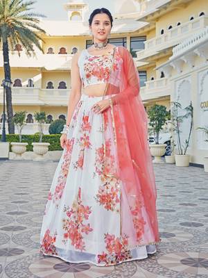 Designer White & Pink Floral Printed Organza Casual Lehenga Choli 1
