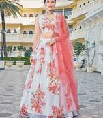 Designer White & Pink Floral Printed Organza Casual Lehenga Choli