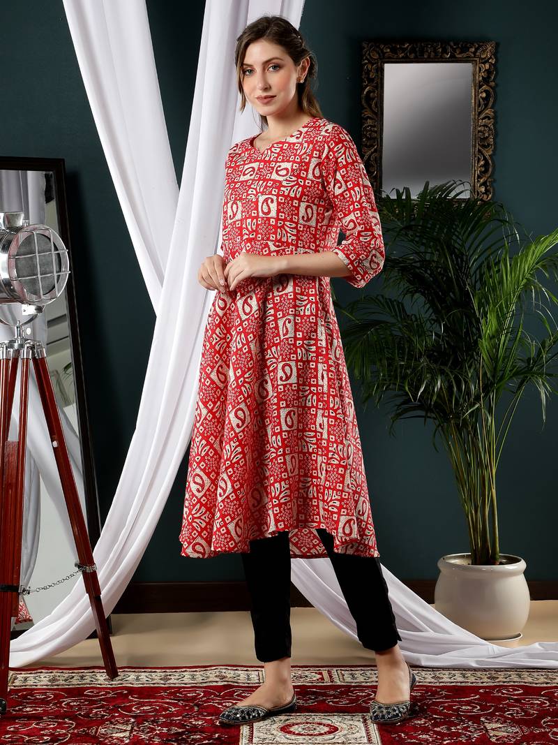 Red printed cotton kurtas-and-kurtis