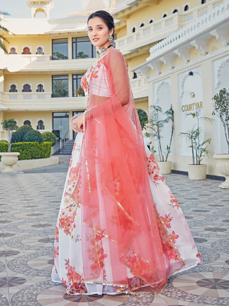 Designer White & Pink Floral Printed Organza Casual Lehenga Choli