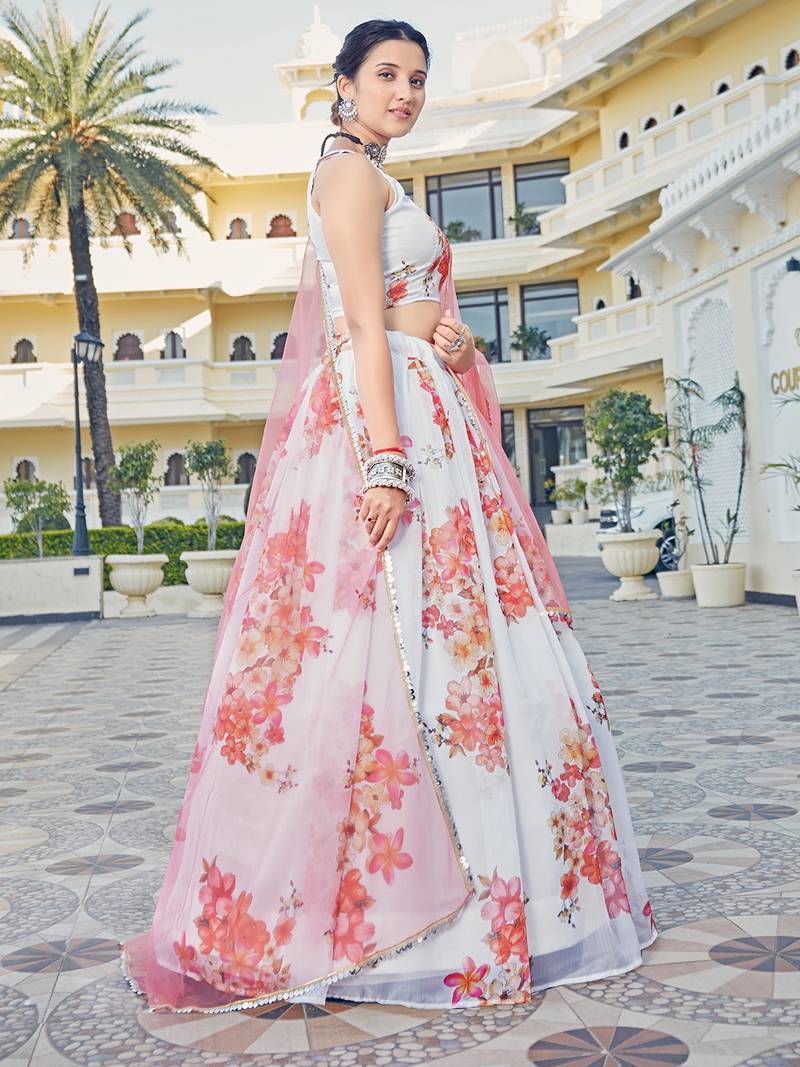 Designer White & Pink Floral Printed Organza Casual Lehenga Choli