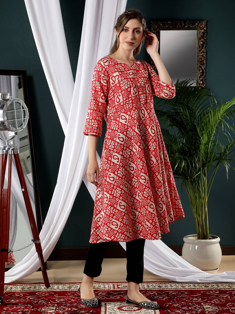 Red printed cotton kurtas-and-kurtis