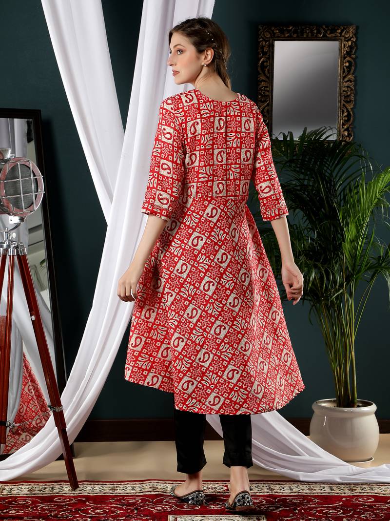 Red printed cotton kurtas-and-kurtis