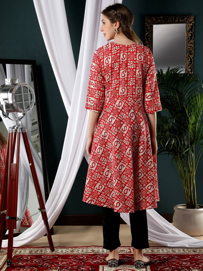 Red printed cotton kurtas-and-kurtis
