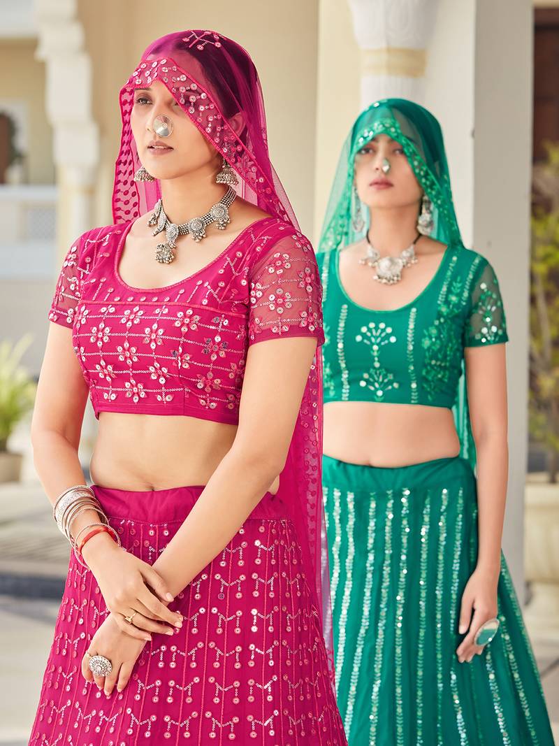 Firozi Blue Sequins Soft Net Semi-Bridal Special Lehenga Choli