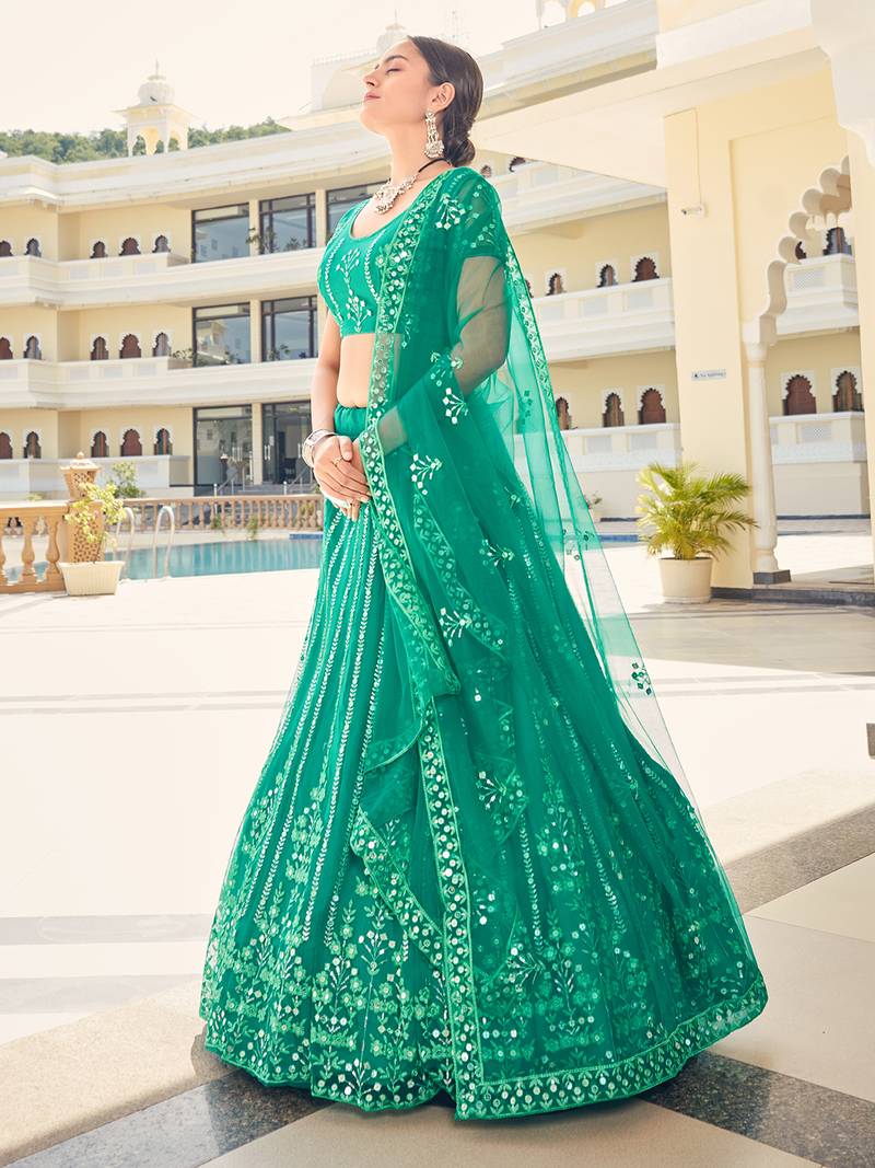 Firozi Blue Sequins Soft Net Semi-Bridal Special Lehenga Choli