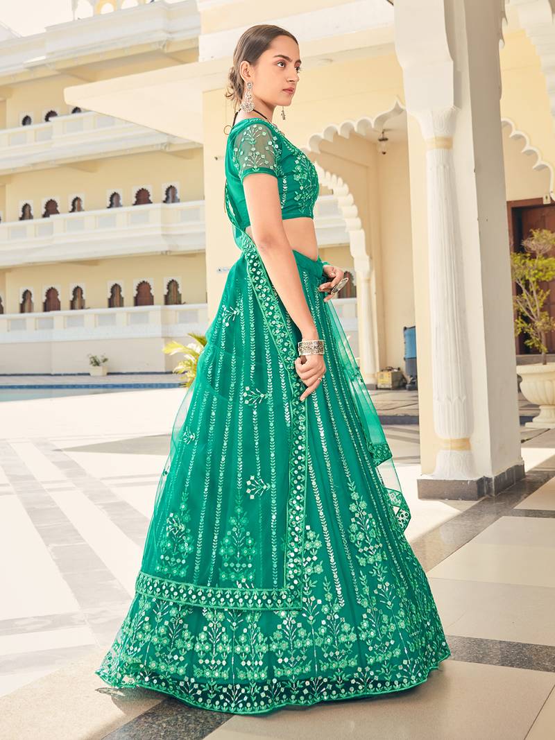 Firozi Blue Sequins Soft Net Semi-Bridal Special Lehenga Choli