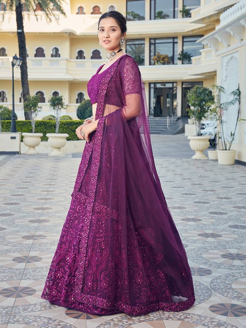 Wine Purple Bridal Special Soft Net Heavy Embroidered Lehenga Choli