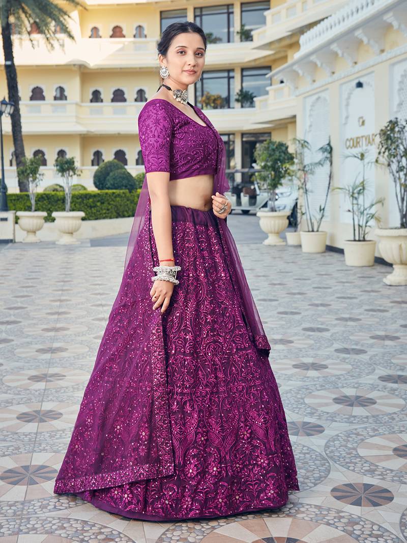 Wine Purple Bridal Special Soft Net Heavy Embroidered Lehenga Choli