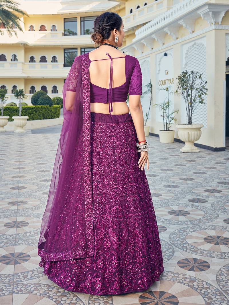 Wine Purple Bridal Special Soft Net Heavy Embroidered Lehenga Choli