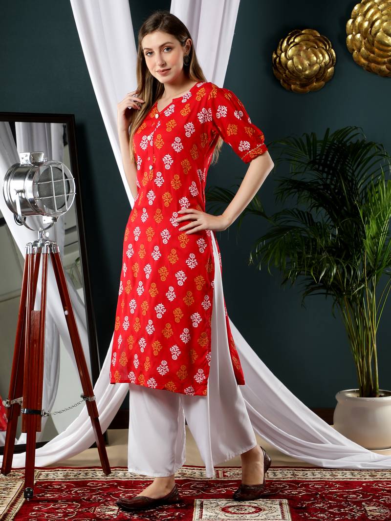 Red printed rayon kurtas-and-kurtis