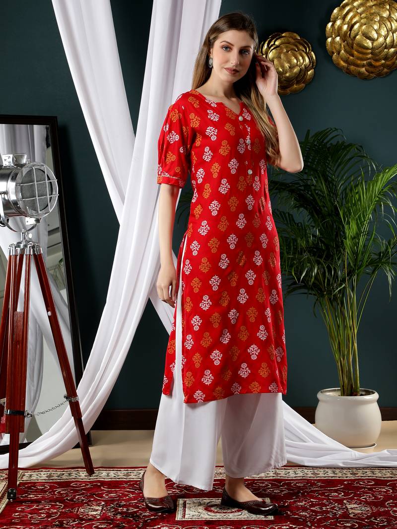 Red printed rayon kurtas-and-kurtis