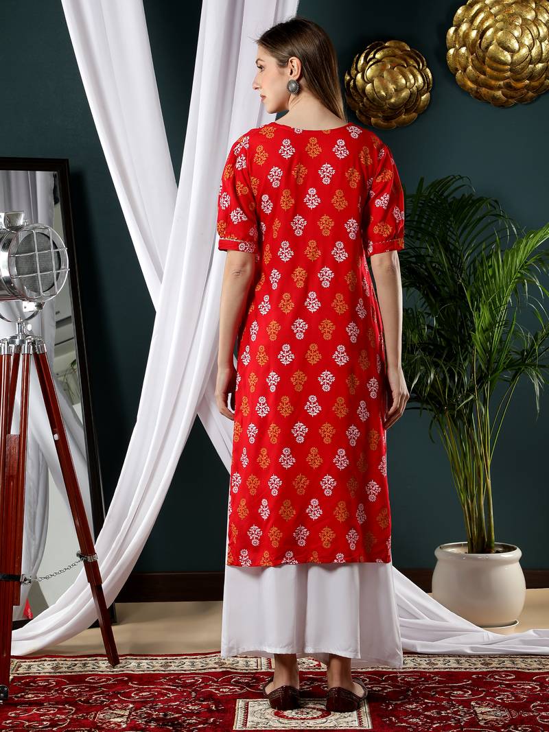 Red printed rayon kurtas-and-kurtis
