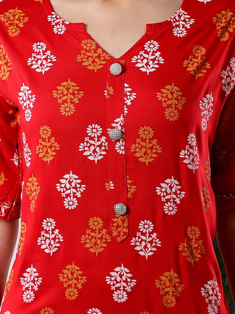 Red printed rayon kurtas-and-kurtis