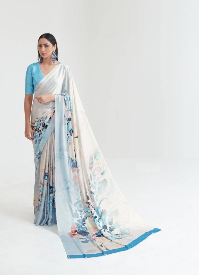 VSAREE PEARL WHITE & BLUE SATIN SILK DIGITAL PRINTED SAREE