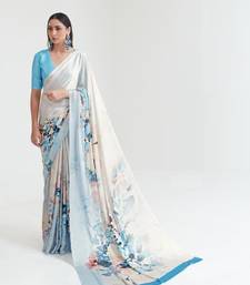 VSAREE PEARL WHITE & BLUE SATIN SILK DIGITAL PRINTED SAREE