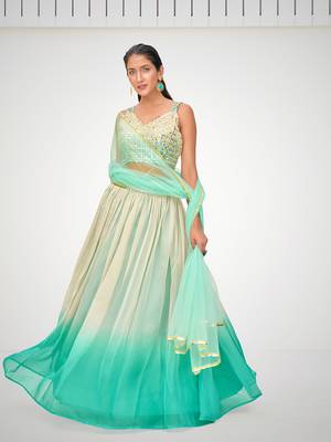 Designer Blue or Cream Organza Based Printed Party Wear Lehenga Choli 1