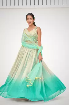 Designer Blue or Cream Organza Based Printed Party Wear Lehenga Choli