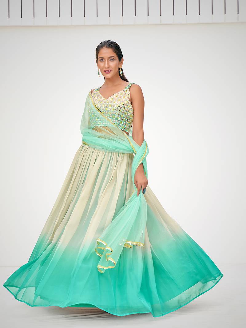 Designer Blue or Cream Organza Based Printed Party Wear Lehenga Choli