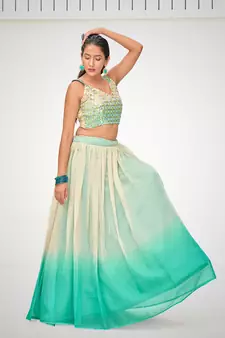 Designer Blue or Cream Organza Based Printed Party Wear Lehenga Choli