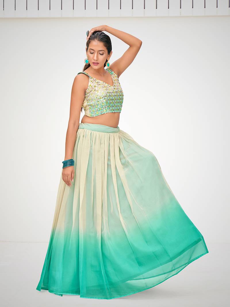 Designer Blue or Cream Organza Based Printed Party Wear Lehenga Choli
