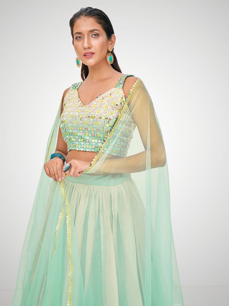 Designer Blue or Cream Organza Based Printed Party Wear Lehenga Choli