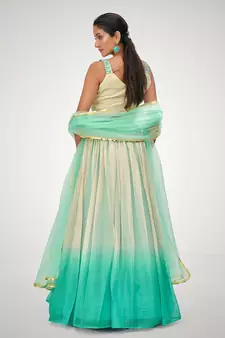 Designer Blue or Cream Organza Based Printed Party Wear Lehenga Choli