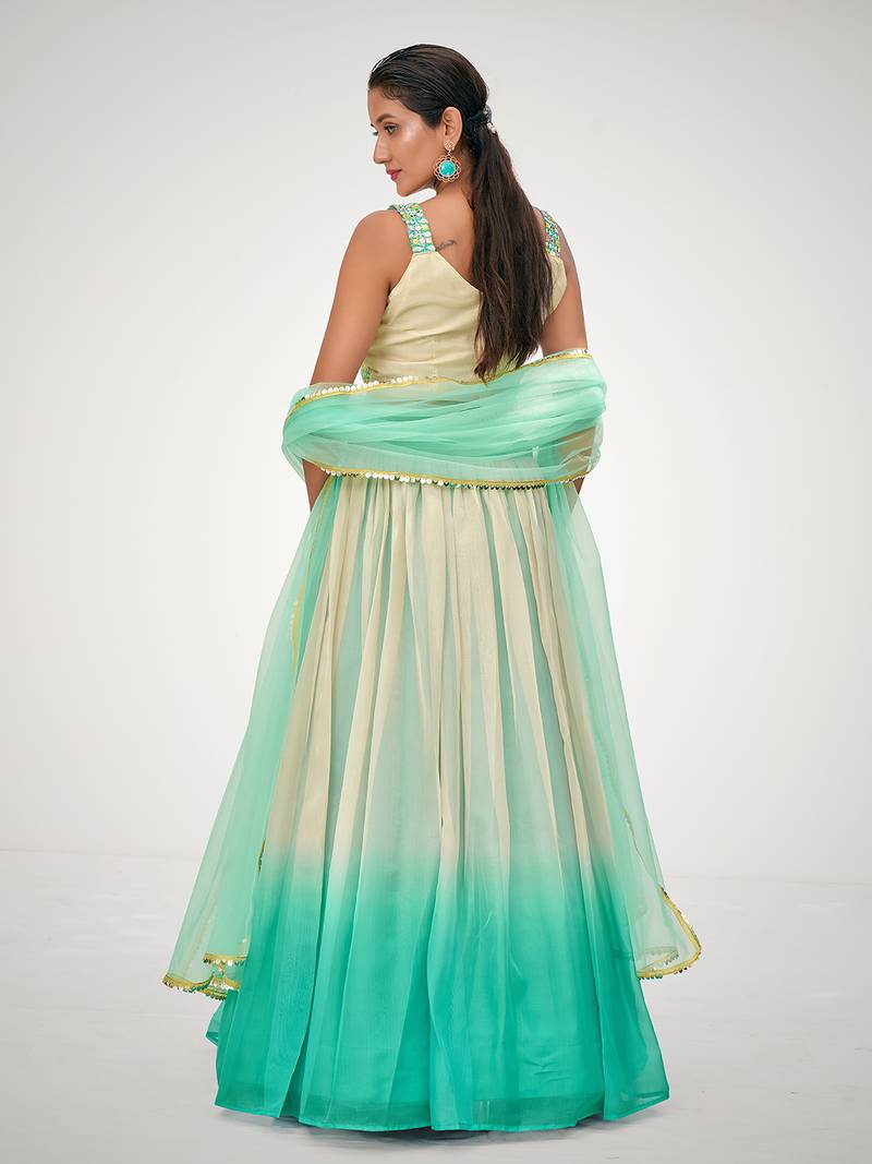 Designer Blue or Cream Organza Based Printed Party Wear Lehenga Choli