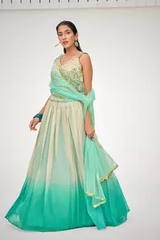 Designer Blue or Cream Organza Based Printed Party Wear Lehenga Choli