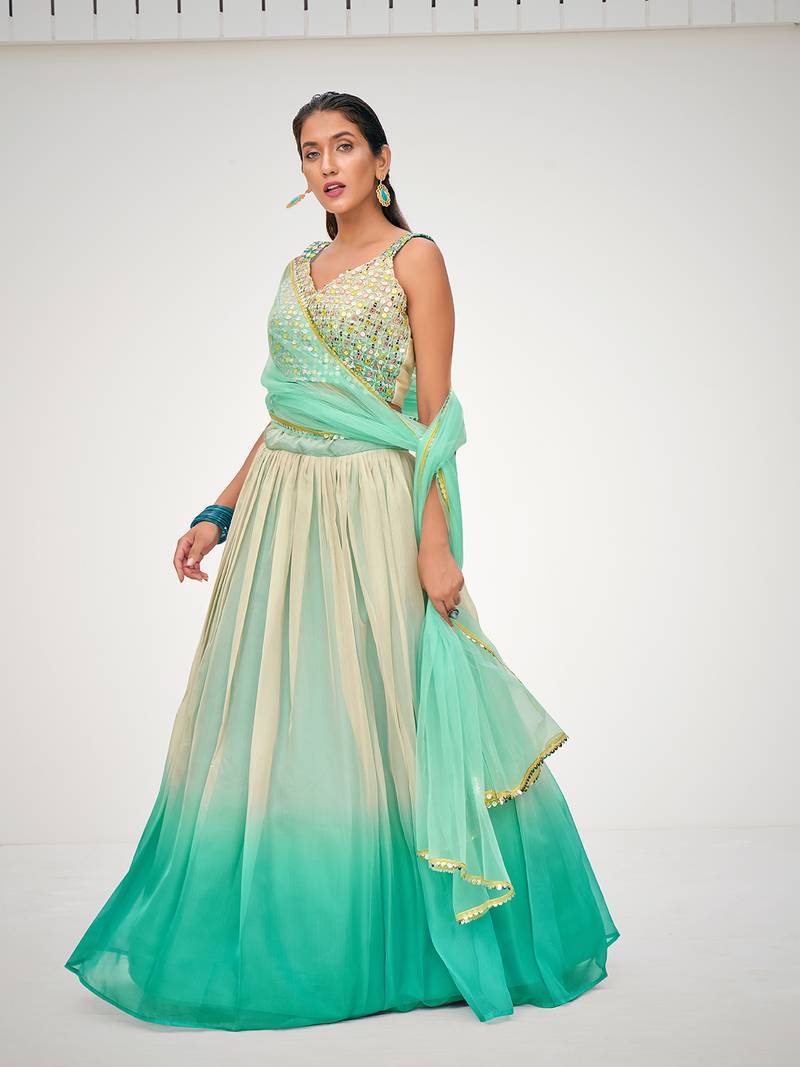 Designer Blue or Cream Organza Based Printed Party Wear Lehenga Choli