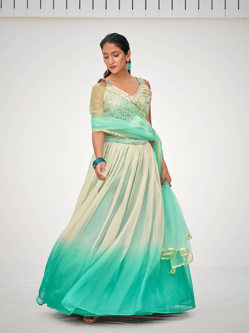 Designer Blue or Cream Organza Based Printed Party Wear Lehenga Choli
